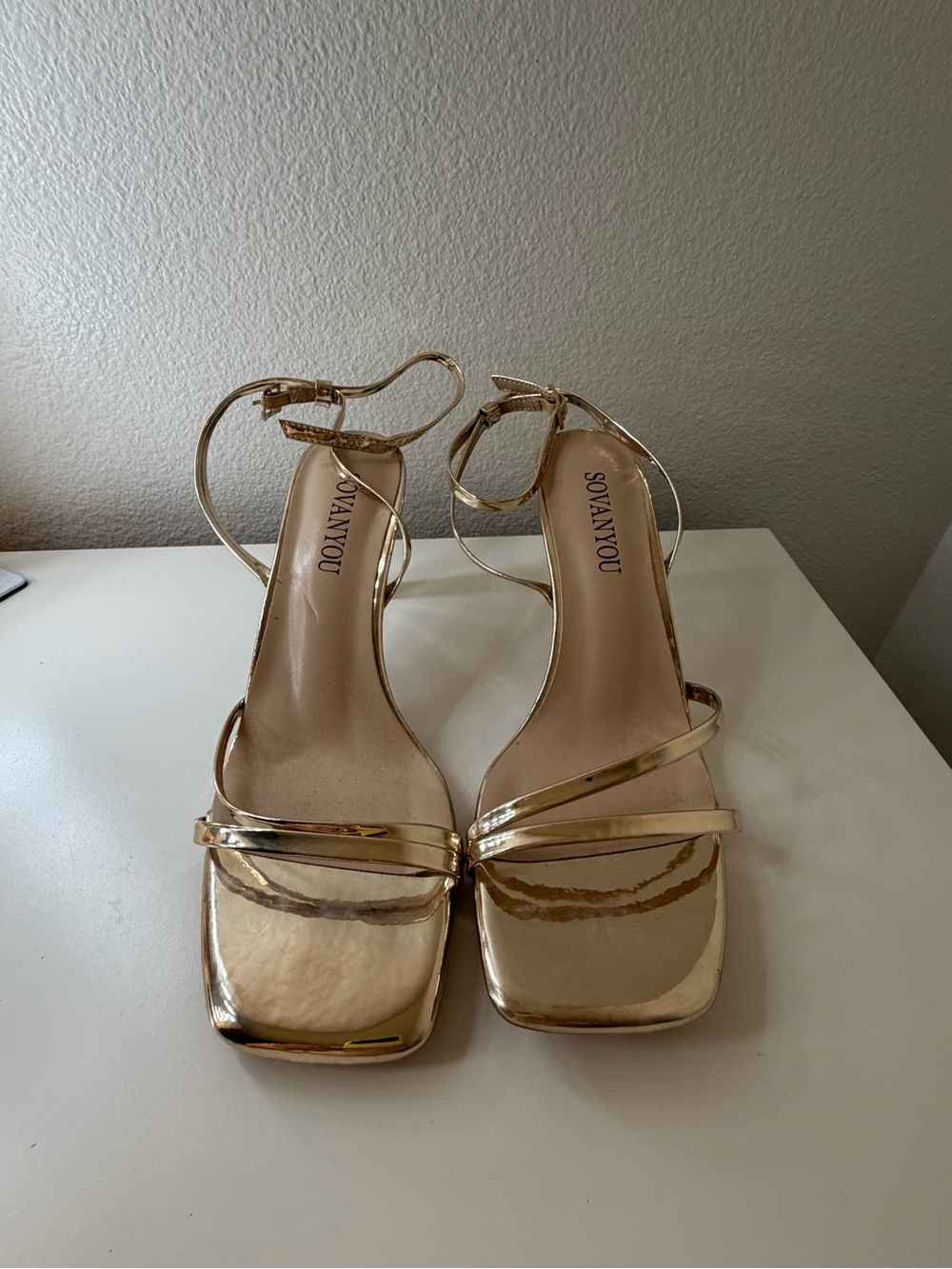 Gold Metallic Strappy Square-Toe Heels